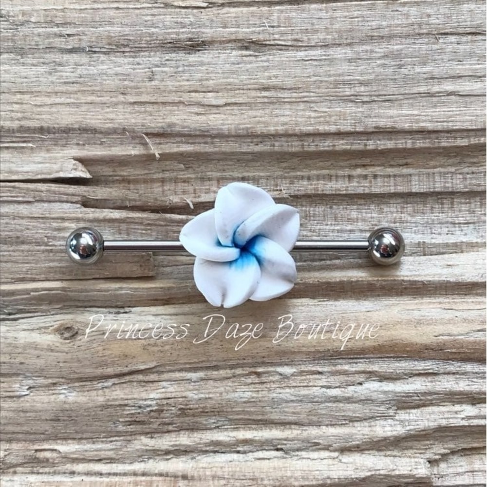 Hawaiian Flower White & Blue‎ Industrial Barbell